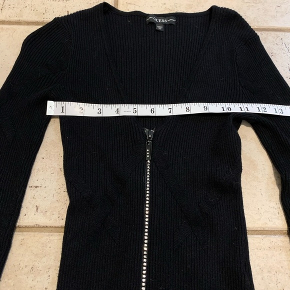 GUESS Black Ribbed Knit Rhinestone Zip-Up Cardigan Top - XS - Picture 4 of 10